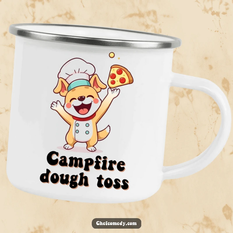 Durable funny dog chef camping mug, excitedly tossing pizza dough, built for adventure and bringing smiles.