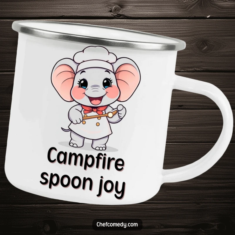 Funny Elephant Chef Camping Mug: Happy elephant chef holding a giant spoon, perfect for humorous outdoor enjoyment.