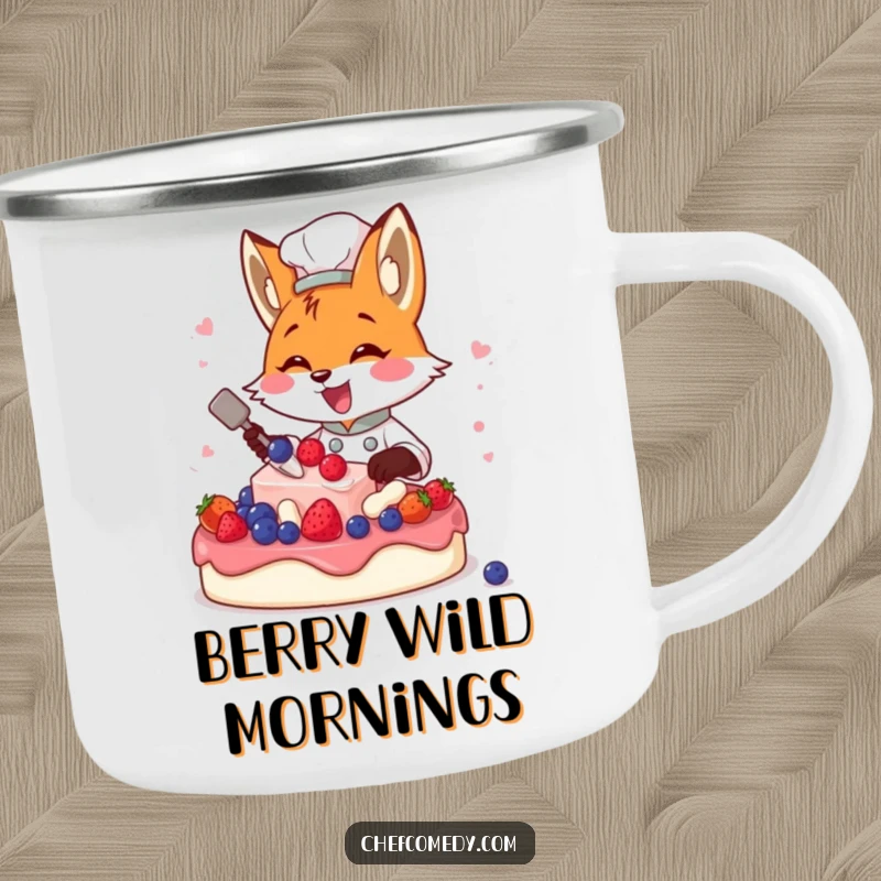 Funny fox chef decorating a cake with berries, a durable and humorous enamel camping mug.