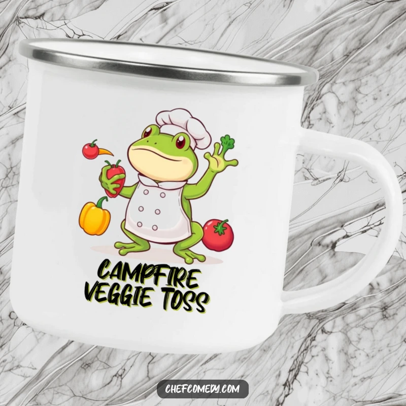 Funny frog chef character juggling colorful vegetables, on a durable camping mug, ready for outdoor adventures.