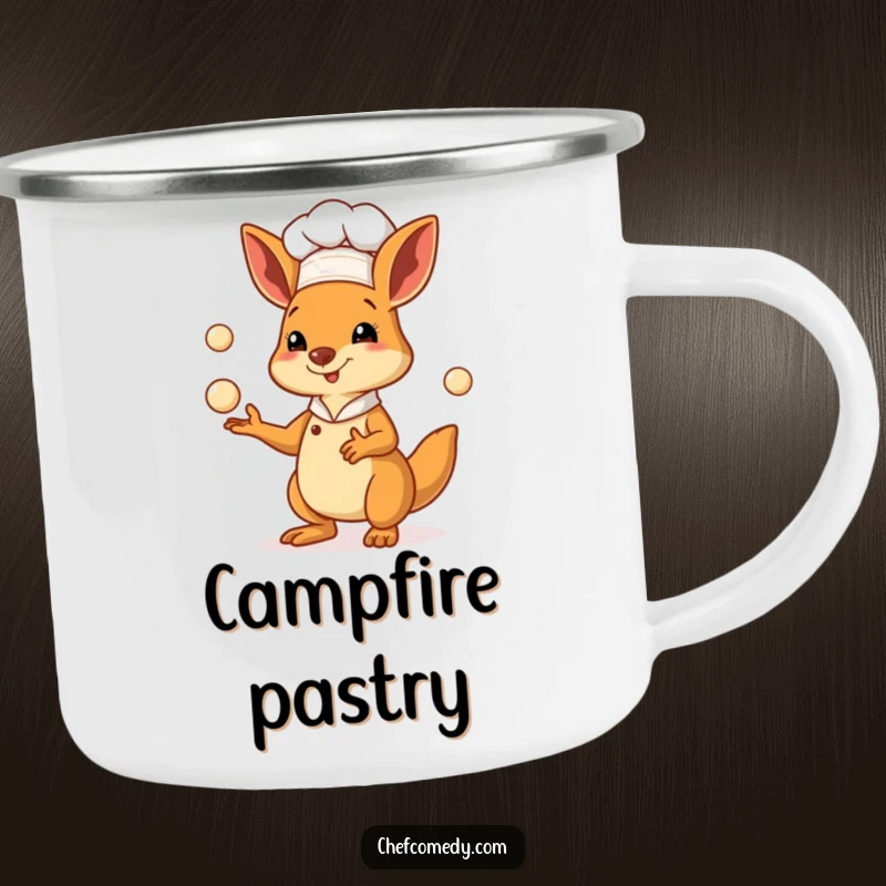 Funny kangaroo chef camping mug with a marsupial baker juggling dough balls, perfect for outdoor drinks.