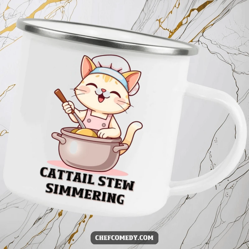 Funny Kawaii Cat Chef Camping Mug: A cute cat chef happily stirs a giant pot. Durable, portable, and full of adorable culinary humor.