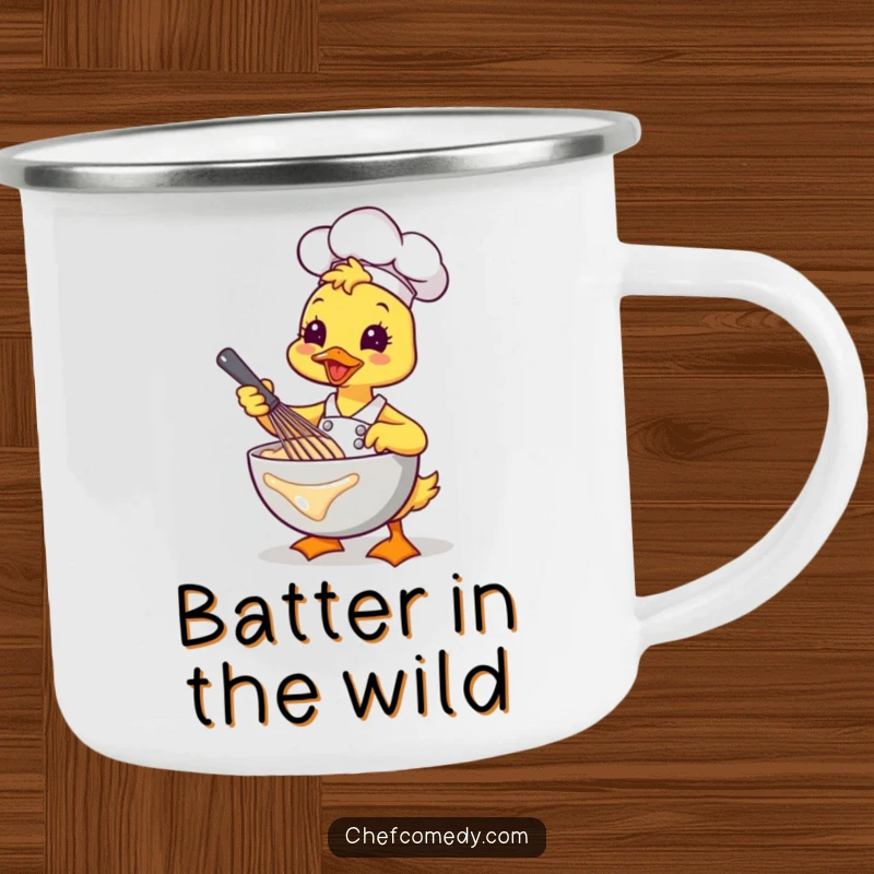 Funny Kawaii Duck Chef Camp Mug, an energetic cartoon duck whisking batter, durable and humorous for outdoor fun.