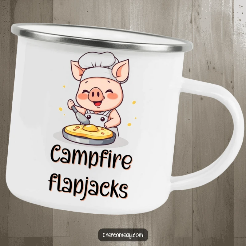 Funny kawaii pig chef camping mug, a happy pig intensely flipping a pancake with glee, ideal for outdoor meals.