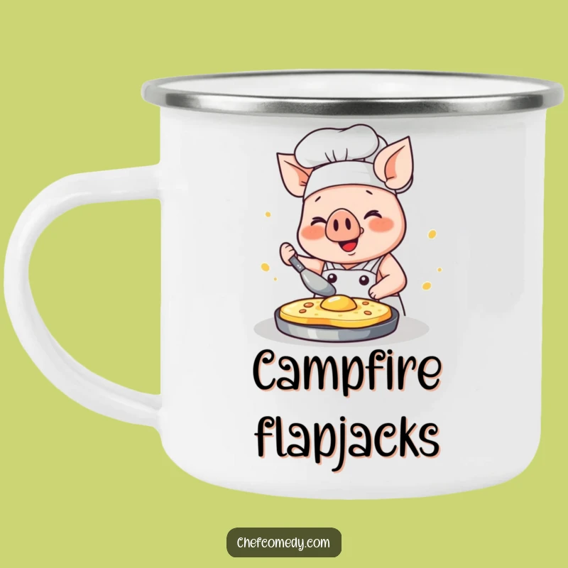 Funny Kawaii Pig Chef Camping Mug: Pancake Flip Adventure, Outdoor Cooking