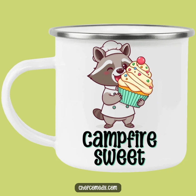 Funny Kawaii Raccoon Chef Camping Mug: Cupcake Reveal, Outdoor Bakery