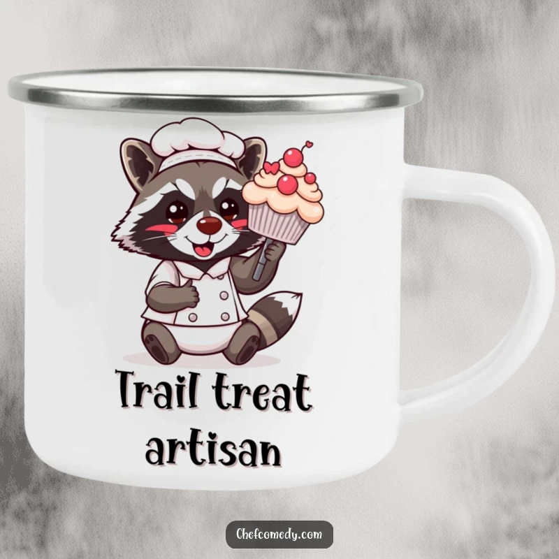 Funny Kawaii Raccoon Chef Camping Mug: A cute raccoon chef presents a cupcake, ideal for enjoying beverages during outdoor baking adventures with a smile.