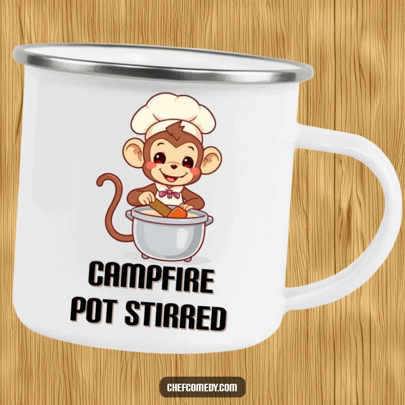 Funny Monkey Chef Camping Mug: Playful monkey chef stirring a pot, perfect for humorous outdoor sipping.