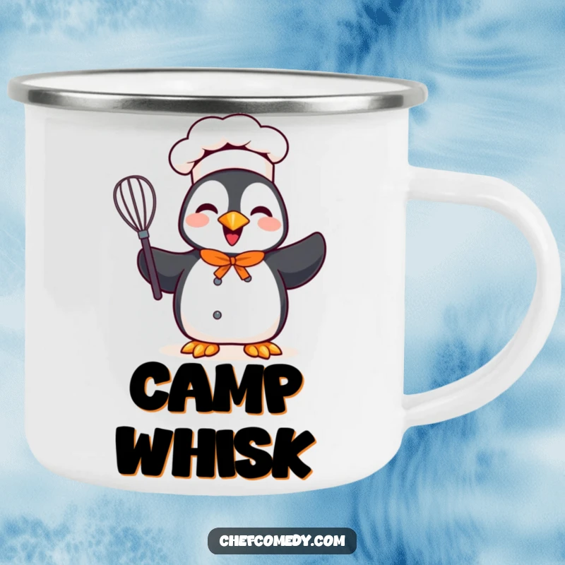 Funny camping mug showing a cheerful penguin chef character holding a whisk, bringing outdoor culinary cheer and charm.