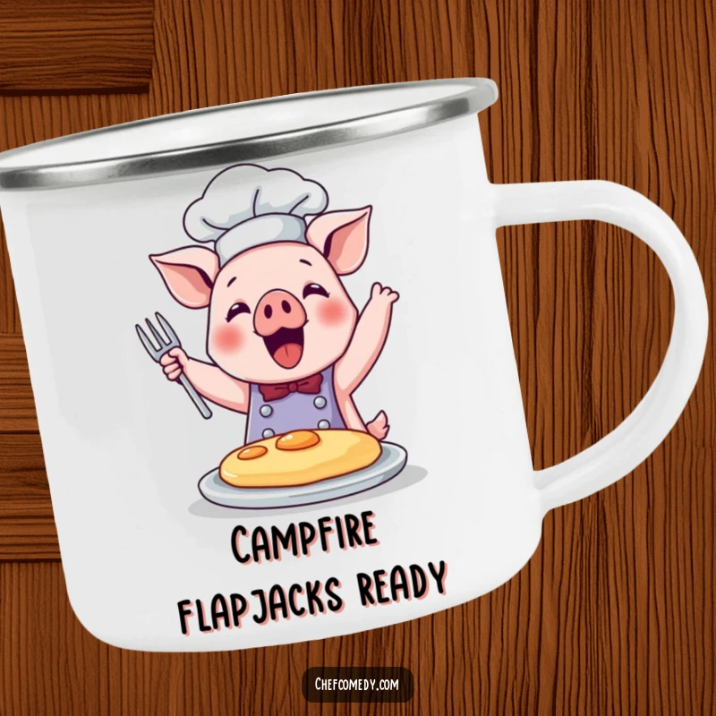 Funny camping mug depicting a cute pig chef joyfully flipping a pancake, ready for camp breakfast.