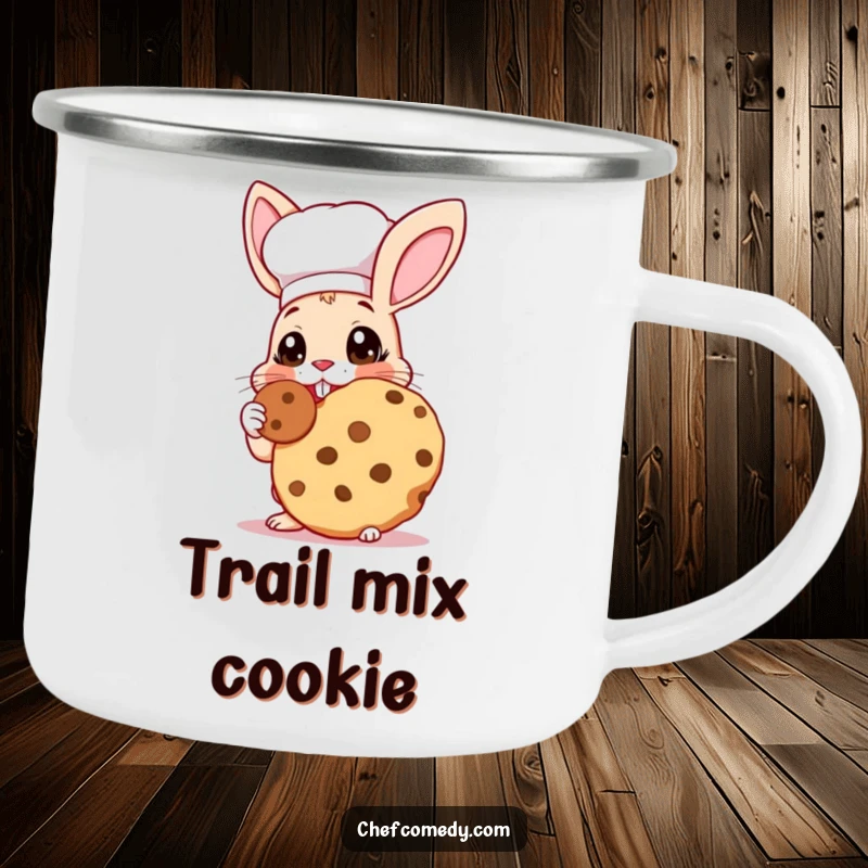Funny Rabbit Chef Camping Mug: A durable mug featuring a rabbit chef with wide eyes happily tasting a giant cookie.