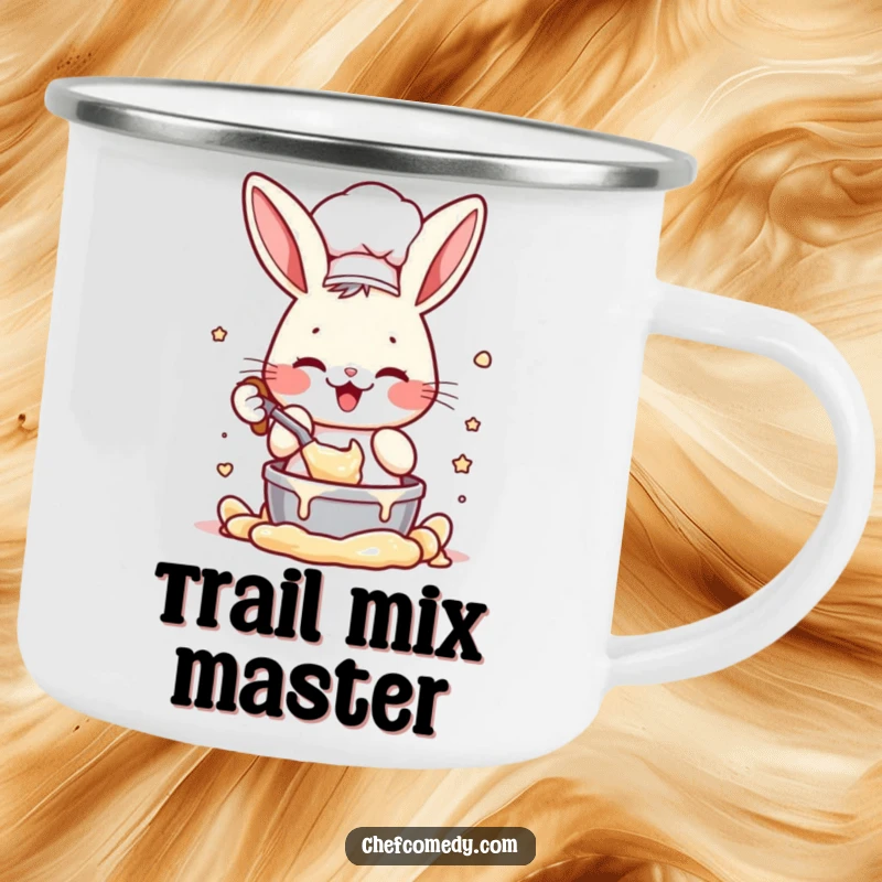Funny camping mug with an enthusiastic rabbit chef character mixing batter, perfect for outdoor adventures and a humorous gift.