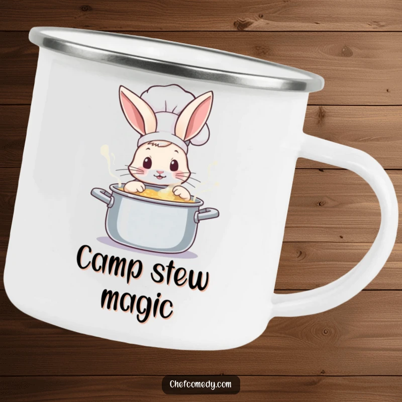Durable funny rabbit chef camping mug, peeking with wonder into a bubbling pot, ready for outdoor culinary inspiration.