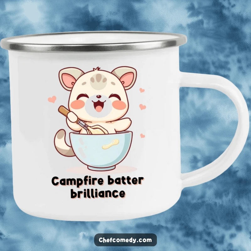 Funny kawaii animal camping mug, joyfully whisking batter in a bowl, perfect for outdoor baking enthusiasts.