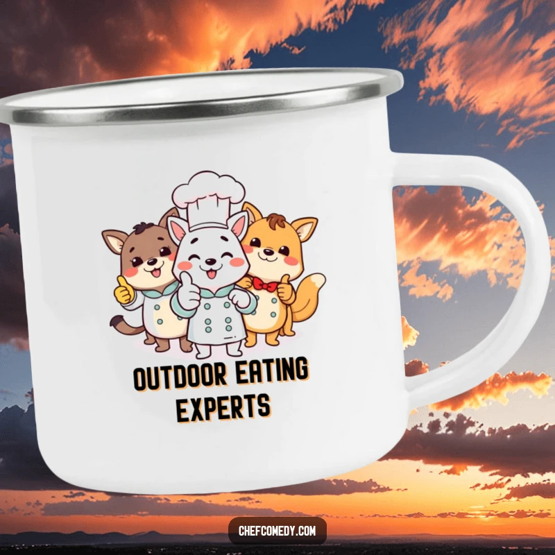 Funny animal chefs giving a thumbs up, featured on a durable camping mug, ideal for enjoying drinks outdoors.