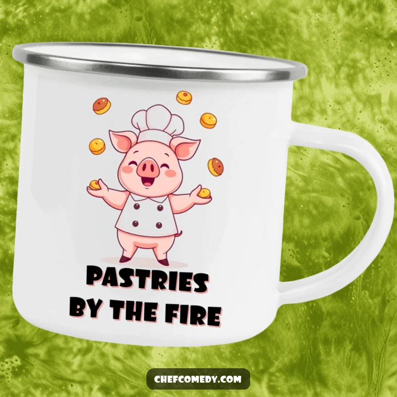 Funny kawaii pig chef camping mug, a cute pig chef gleefully juggling pastries, ideal for enjoying drinks outdoors with a smile.
