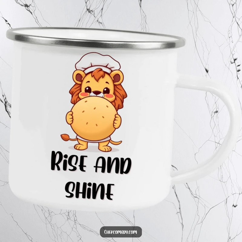 Funny lion chef character proudly presenting a large, round bread loaf on a durable camping mug, for outdoor enthusiasts.