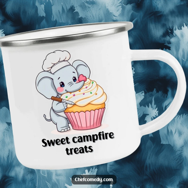 Funny camping mug showing a careful elephant chef delicately decorating a giant cupcake, ideal for outdoor enthusiasts.