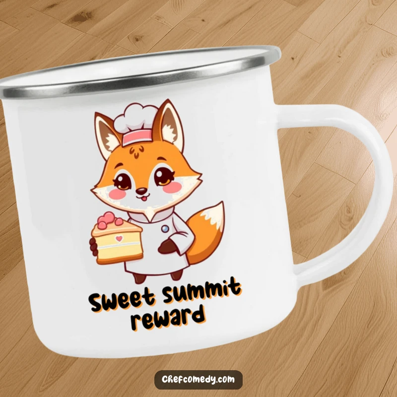 Funny camping mug with a proud fox chef character presenting a slice of cake, perfect for outdoor adventures and a humorous gift.