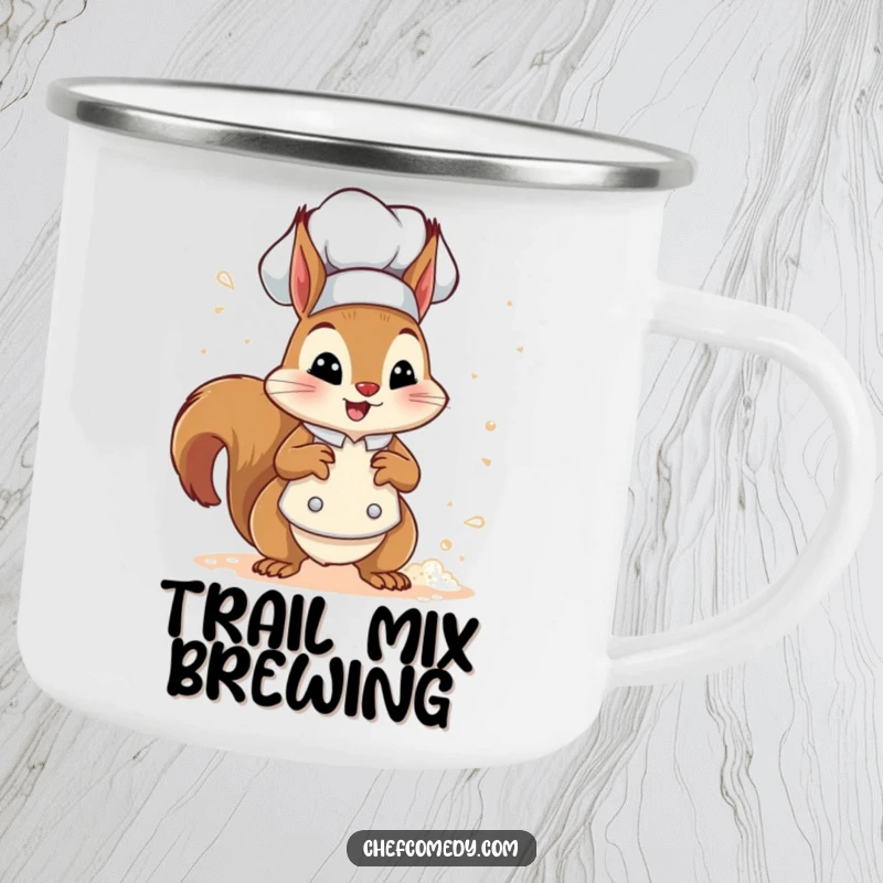 Funny squirrel chef sprinkling flour on a durable enamel camping mug, perfect for outdoor adventures and coffee lovers.
