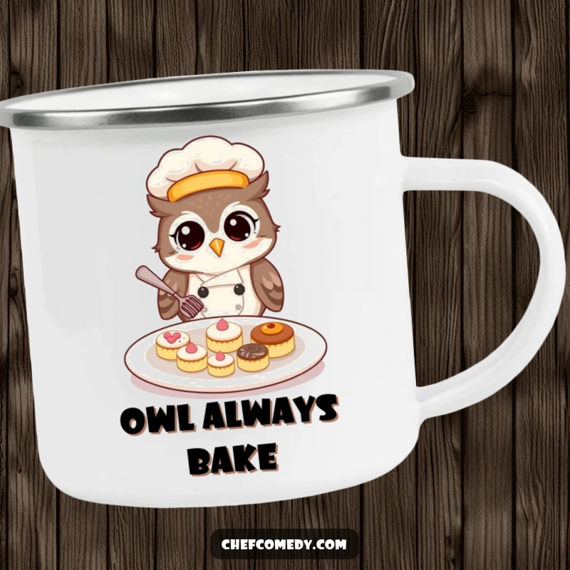 Sturdy camping mug featuring a funny owl chef carefully arranging pastries, designed for outdoor culinary enthusiasts.