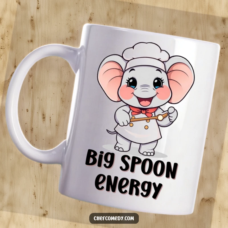 Funny Elephant Chef Mug: A happy, large elephant wearing a chef hat, gleefully holding a comically giant spoon.