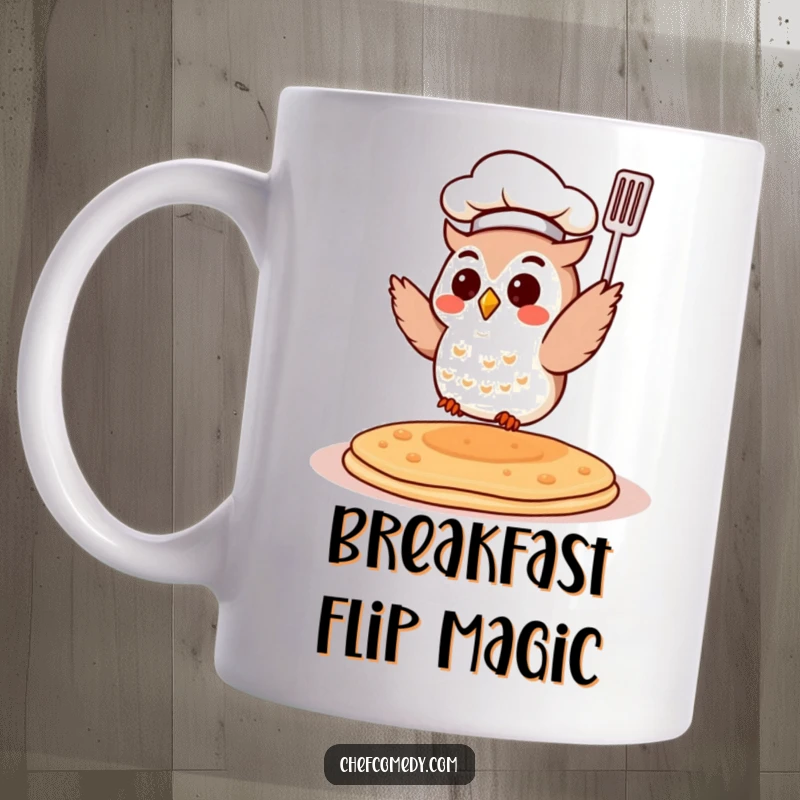 Funny Chef Owl Mug: A small, cute owl wearing a chef hat expertly flips a pancake high in the air. Whimsical and fun cooking theme.