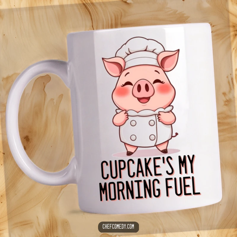 Funny mug featuring a smiling cartoon pig chef proudly presenting a giant, steaming cupcake, showcasing culinary delight.