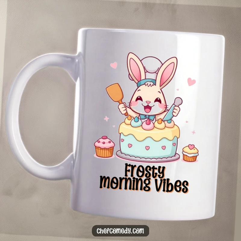Funny Rabbit Chef Mug shows a happy rabbit excitedly frosting a whimsical cake, great for baking humor.