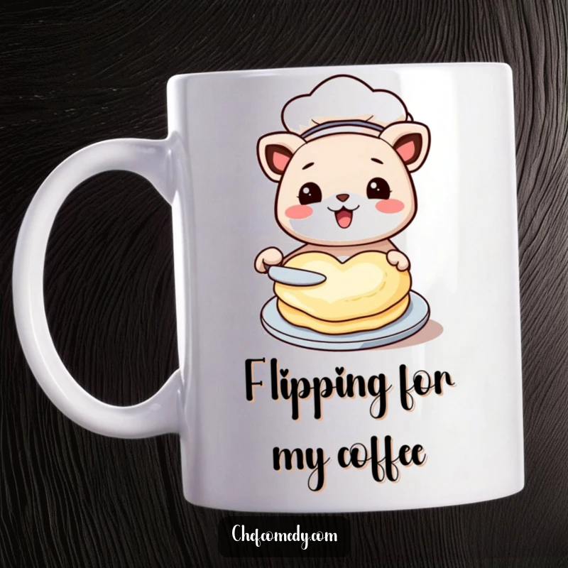 Funny kawaii animal chef with a chef hat, happily flipping a heart-shaped pancake, embodying culinary joy and affection.