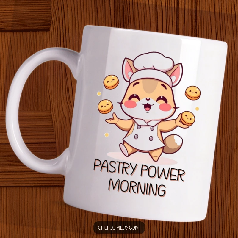Funny mug: A charming chef animal character playfully juggles small, round pastries, showcasing culinary fun and skill.