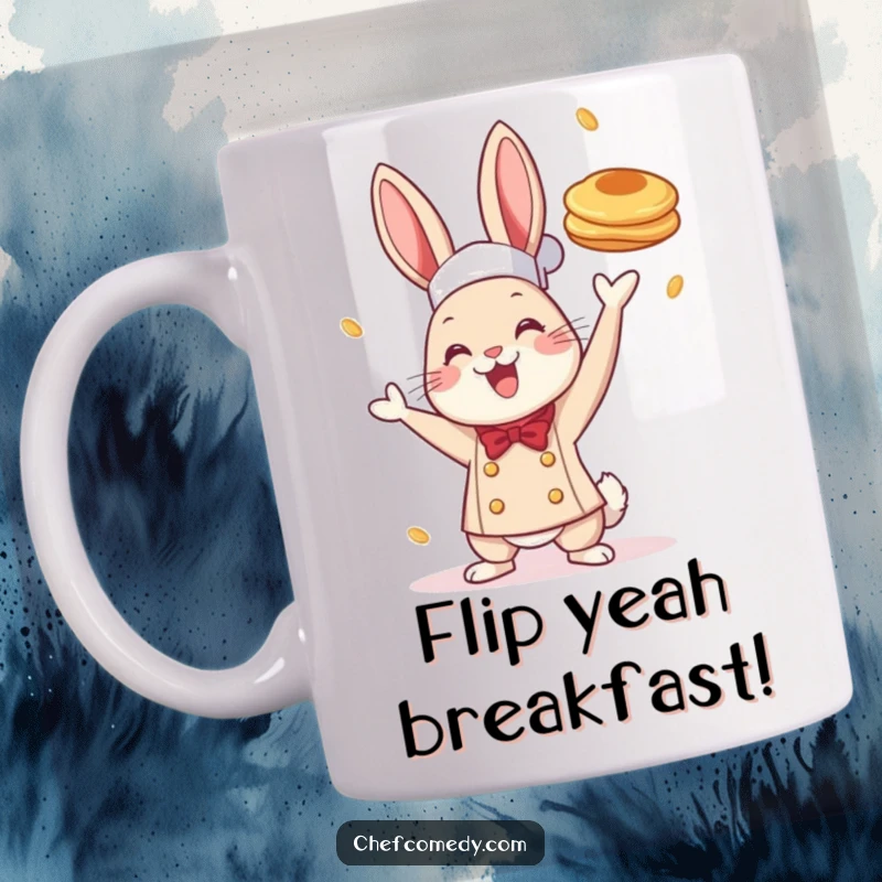 Funny mug featuring a cheerful rabbit chef tossing a pancake high in the air with excitement, perfect for breakfast lovers.