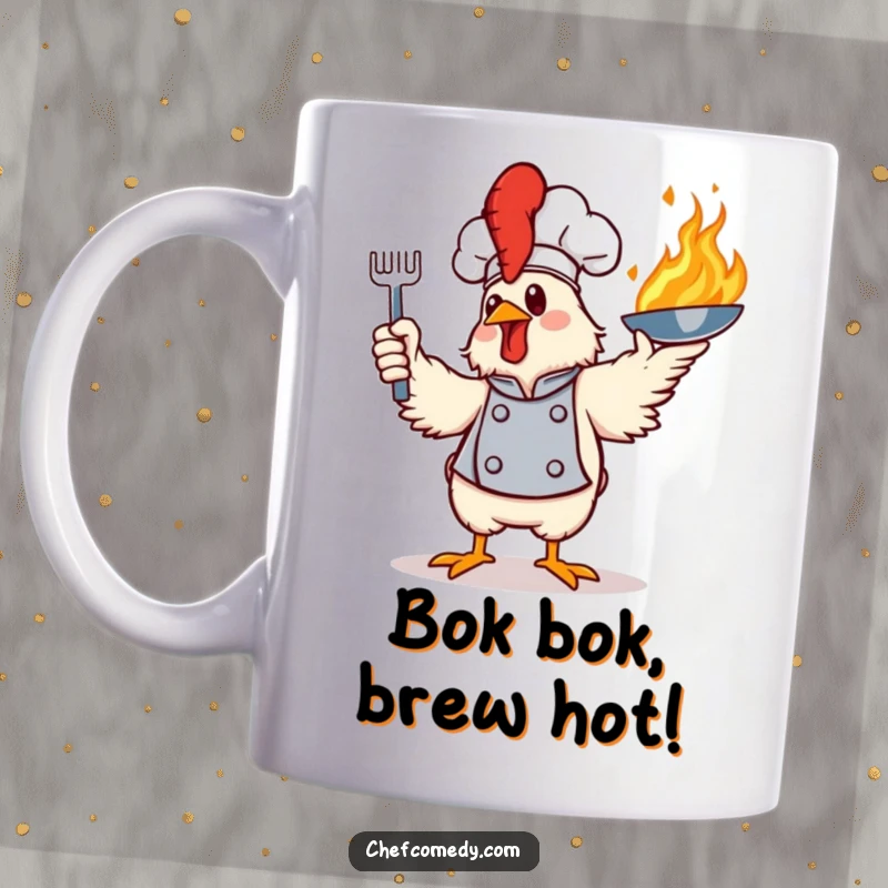 Funny mug featuring a confident chicken chef flamboyantly tossing a sizzling, flaming frying pan with impressive skill, ideal for gift-givers.