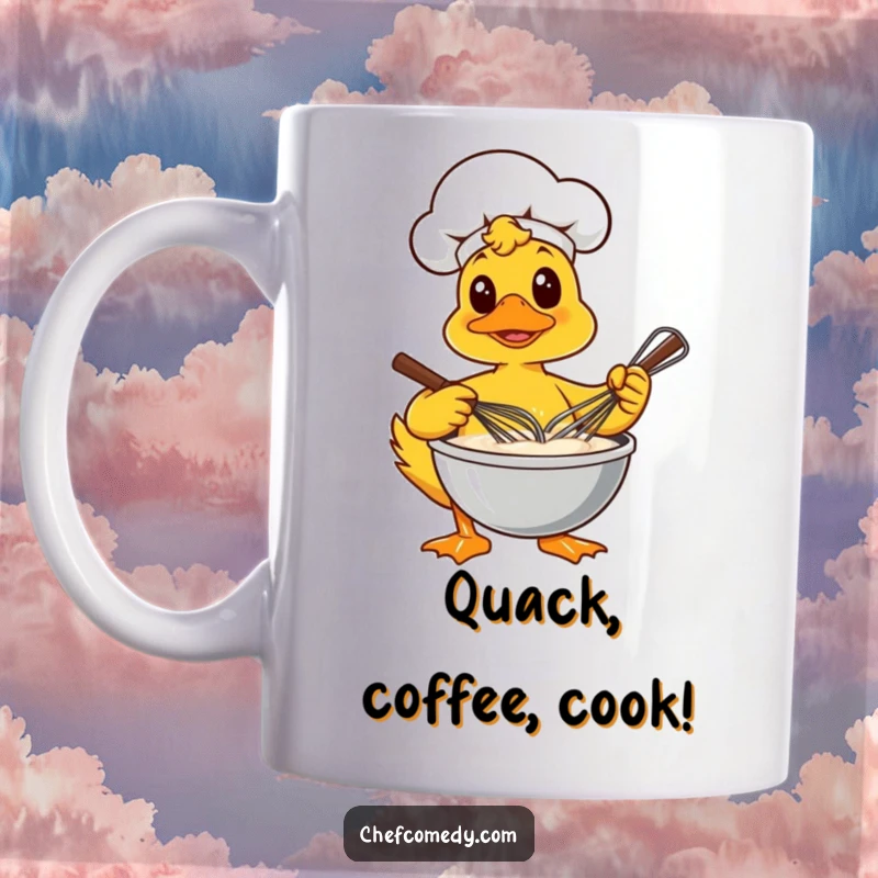 Funny mug showcasing a focused duck chef energetically whisking a thick batter in a large bowl with great determination, ideal for gift-givers.