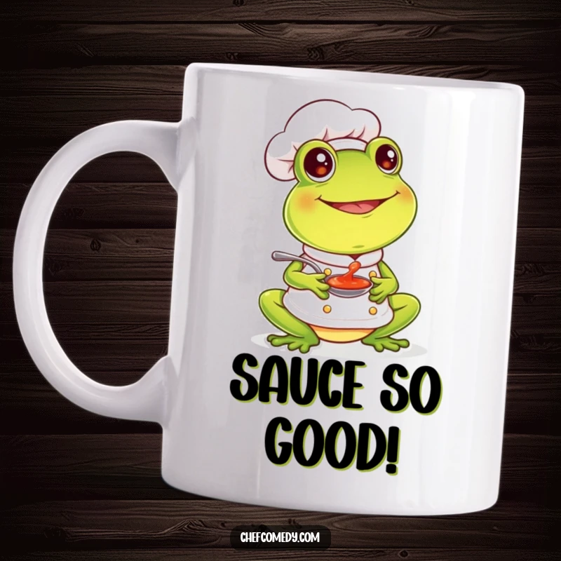 Funny frog chef character happily tasting sauce with a big smile, captured on a coffee mug.