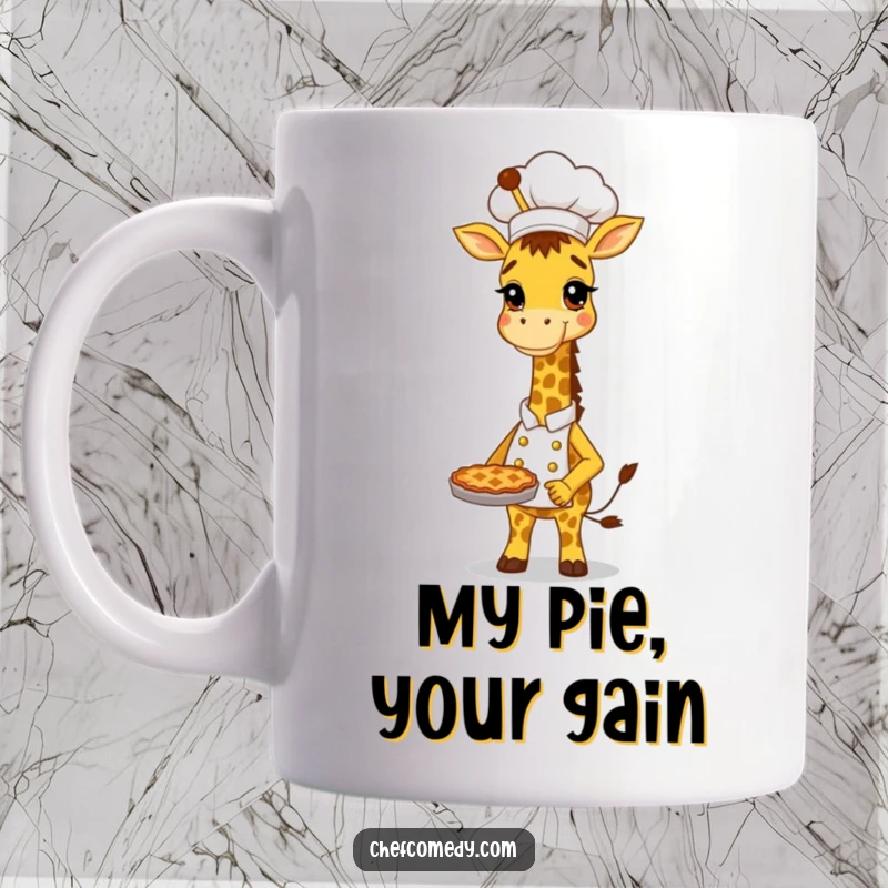 Funny Giraffe Chef Mug: A tall, proud giraffe baker holding a delicious pie, ready to serve with a smile.
