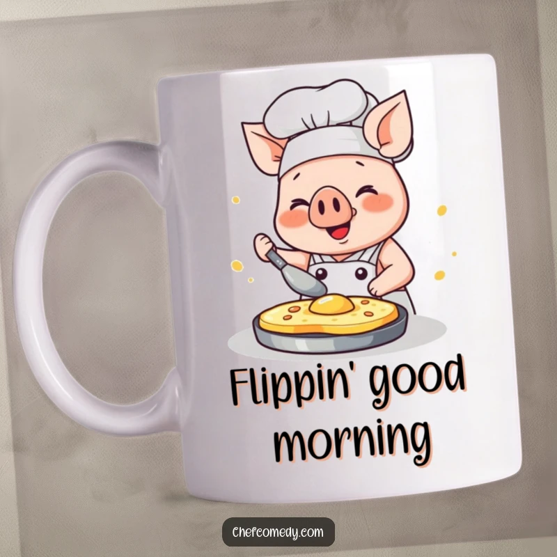 Funny kawaii pig chef mug, a happy pig concentrating intensely while flipping a pancake with glee, perfect for foodies.