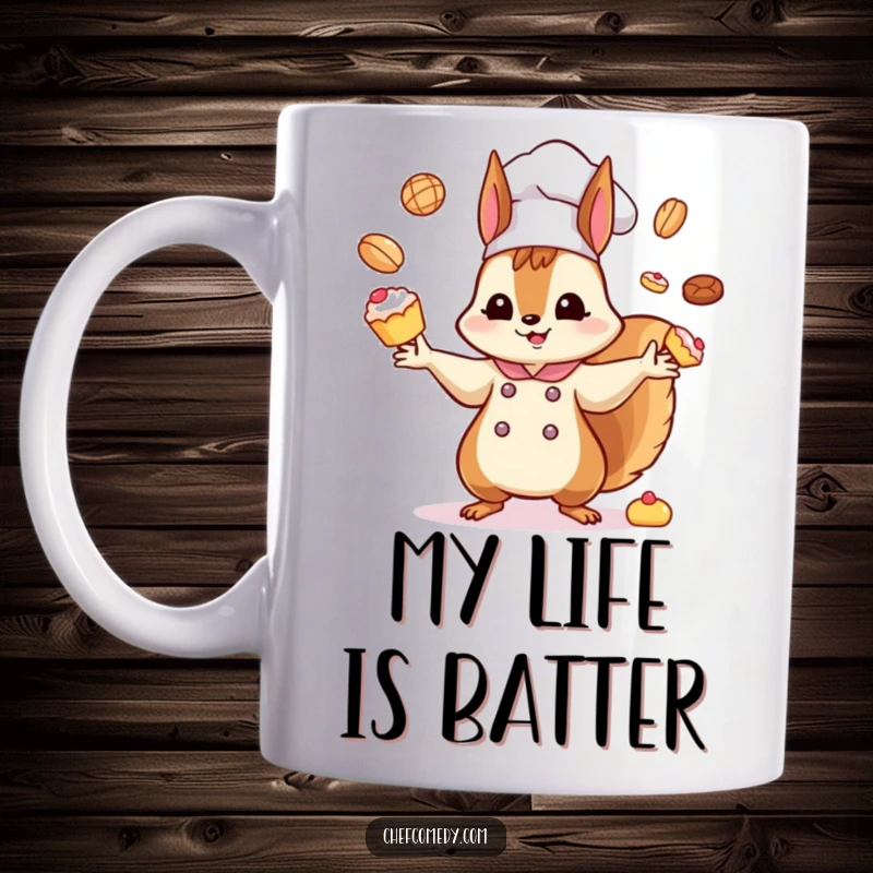 Funny Kawaii Squirrel Chef Mug: A cute cartoon squirrel artistically juggles tiny delicious pastries with joyful energy, a hilarious baking-themed gift.