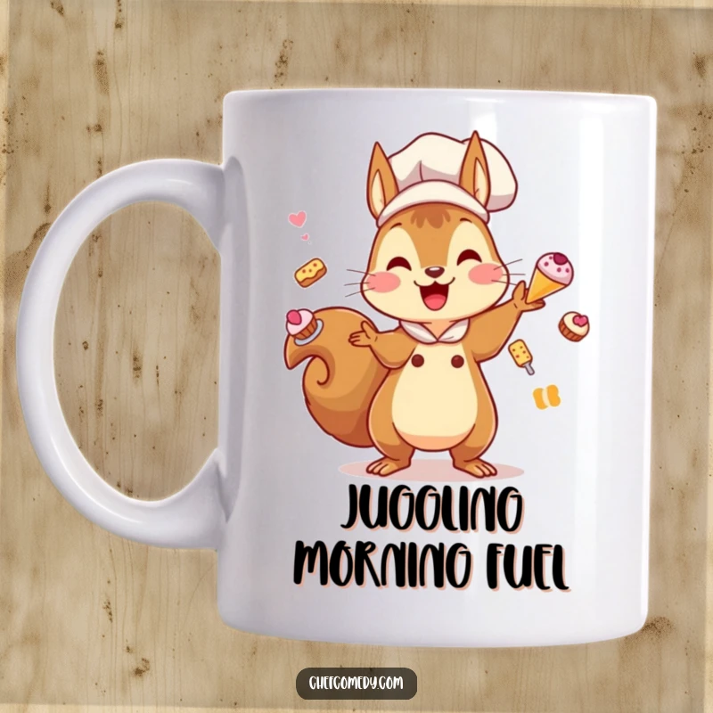 Funny Kawaii Squirrel Chef Mug: A cute squirrel chef playfully juggles tiny pastries with energetic flair, embodying baking creativity.