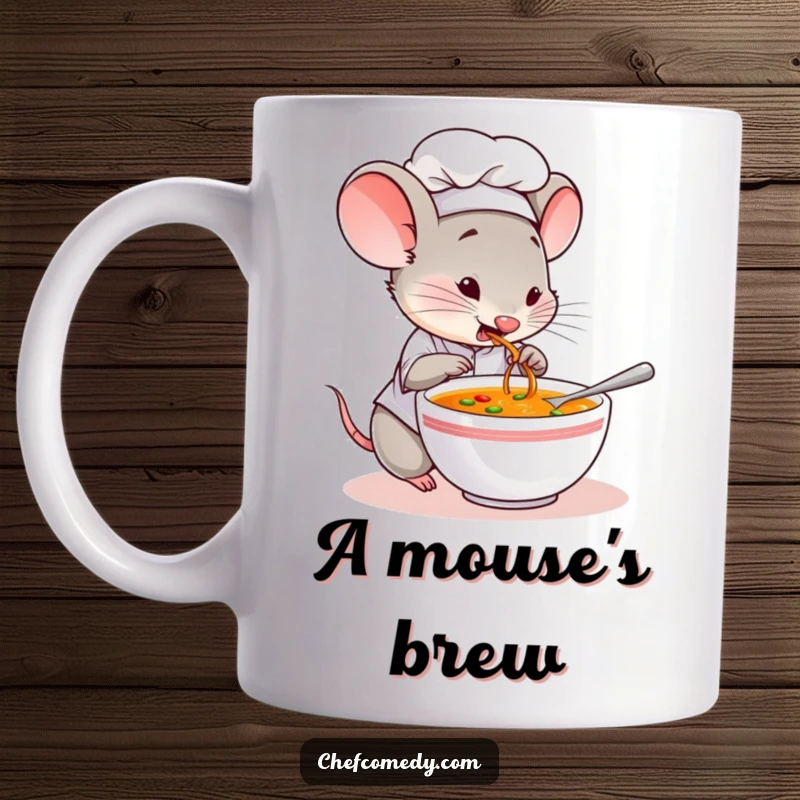 Funny mug showing a small mouse chef character intently and curiously tasting a bowl of soup, exploring flavors.