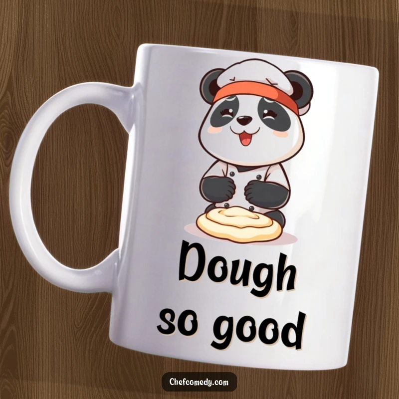Funny panda chef character enthusiastically kneading dough with both paws, wearing a chef hat, perfect for bakers.