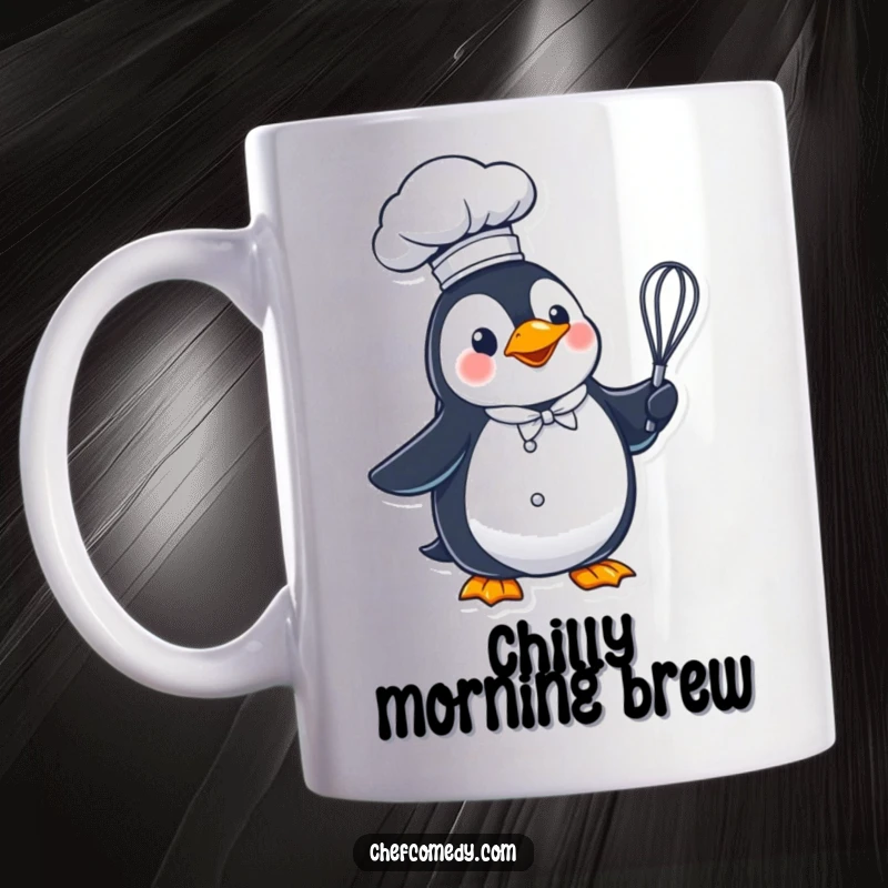 Funny penguin chef in a tall hat, holding a whisk, ready to cook, humorous gift.