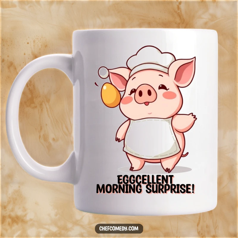 Funny Kawaii Pig Chef Mug with a tiny apron, showing a surprised pig reacting to a flying egg, ideal for breakfast lovers.