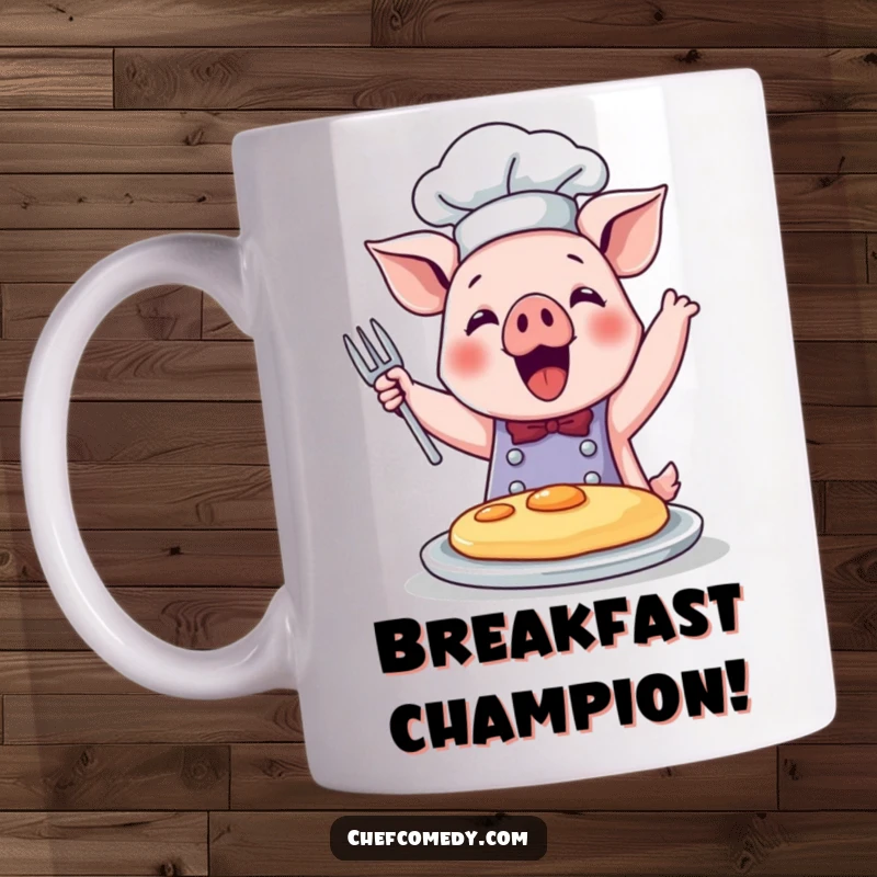 Funny mug featuring a cute pig chef in a hat, joyfully flipping a golden-brown pancake high in the air.