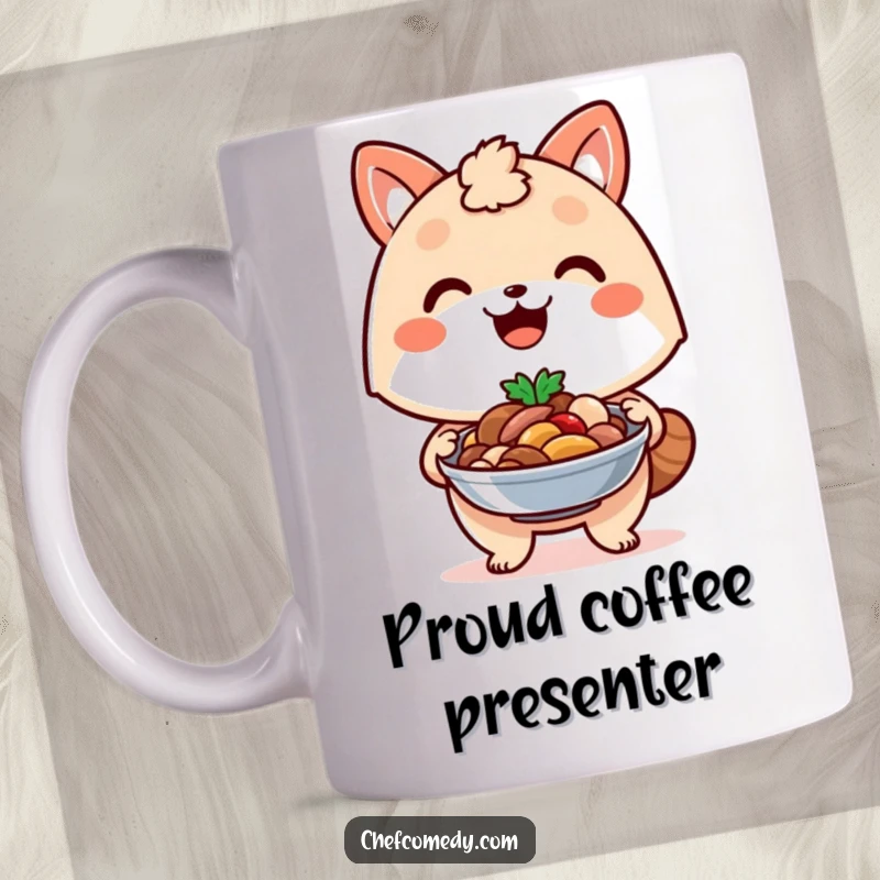 Funny kawaii animal character with a proud smile, presenting a delicious dish it has prepared.