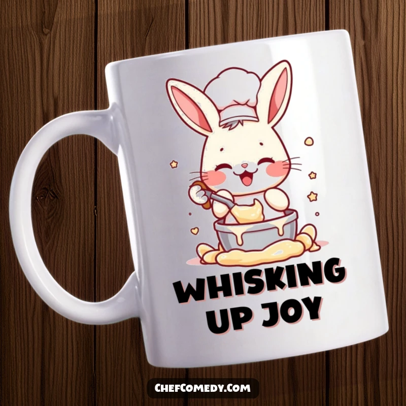 Funny mug with an energetic rabbit chef character enthusiastically mixing batter, conveying joy and baking passion, a great gift.