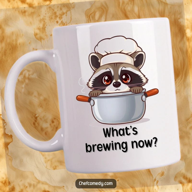 Funny raccoon chef character with wide eyes peeking into a steaming pot, captured on a coffee mug for kitchen humor.