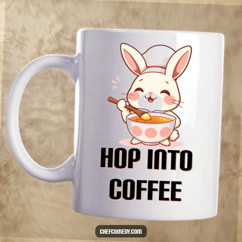 Funny rabbit chef with a spoon, delightedly tasting soup, a humorous culinary mug.