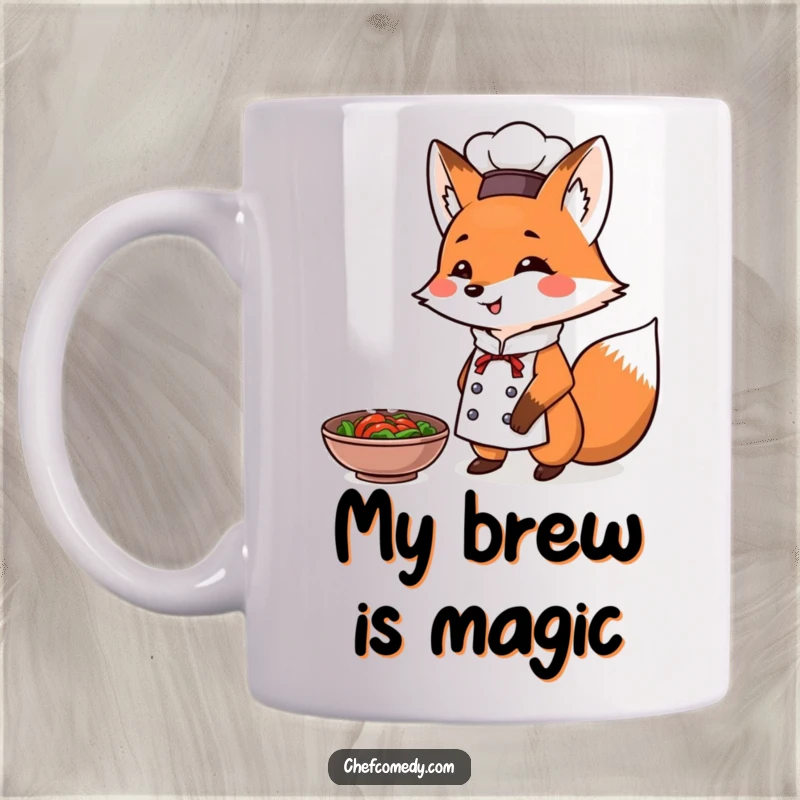 Funny Fox Chef Mug: A cunning fox chef proudly presents a steaming dish with a triumphant expression, a symbol of culinary achievement.