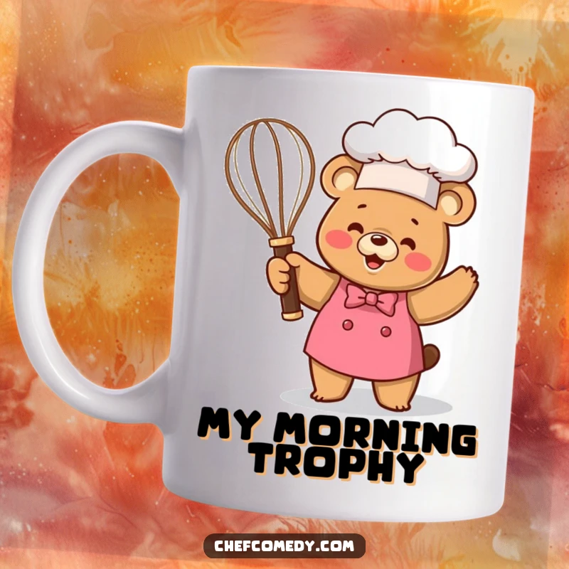 Funny Kawaii Bear Chef Mug, a happy cartoon bear proudly holding a giant whisk like a trophy, a symbol of culinary victory.
